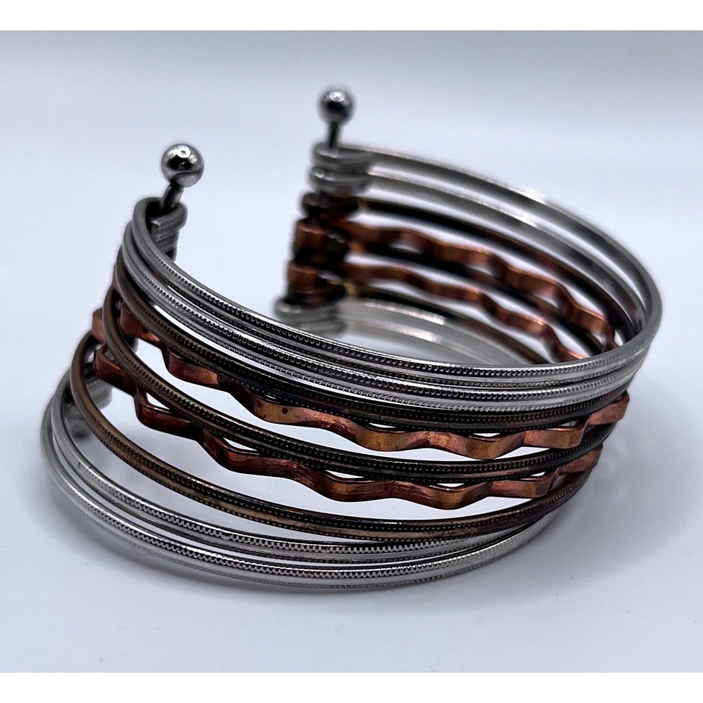 Multiโ Strand Cuff Bracelet Silver & Copper Tone Mixed Metal Modern Design